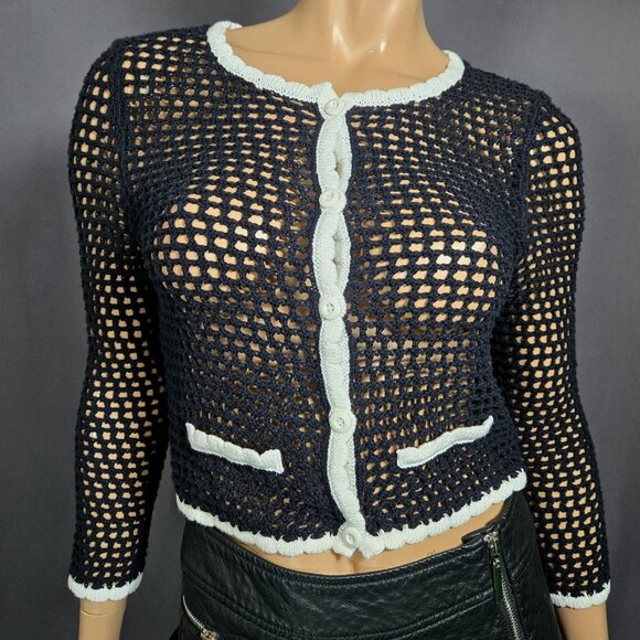 Y2K Black Crochet Fitted Cardigan White Trim Size S Retro Mod Dark Coquette - Picture 2 of 11